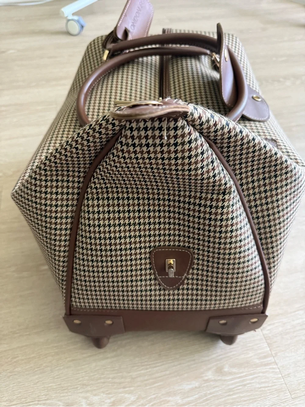 London Fog Brown Houndstooth Tote with Brown Leather Trim